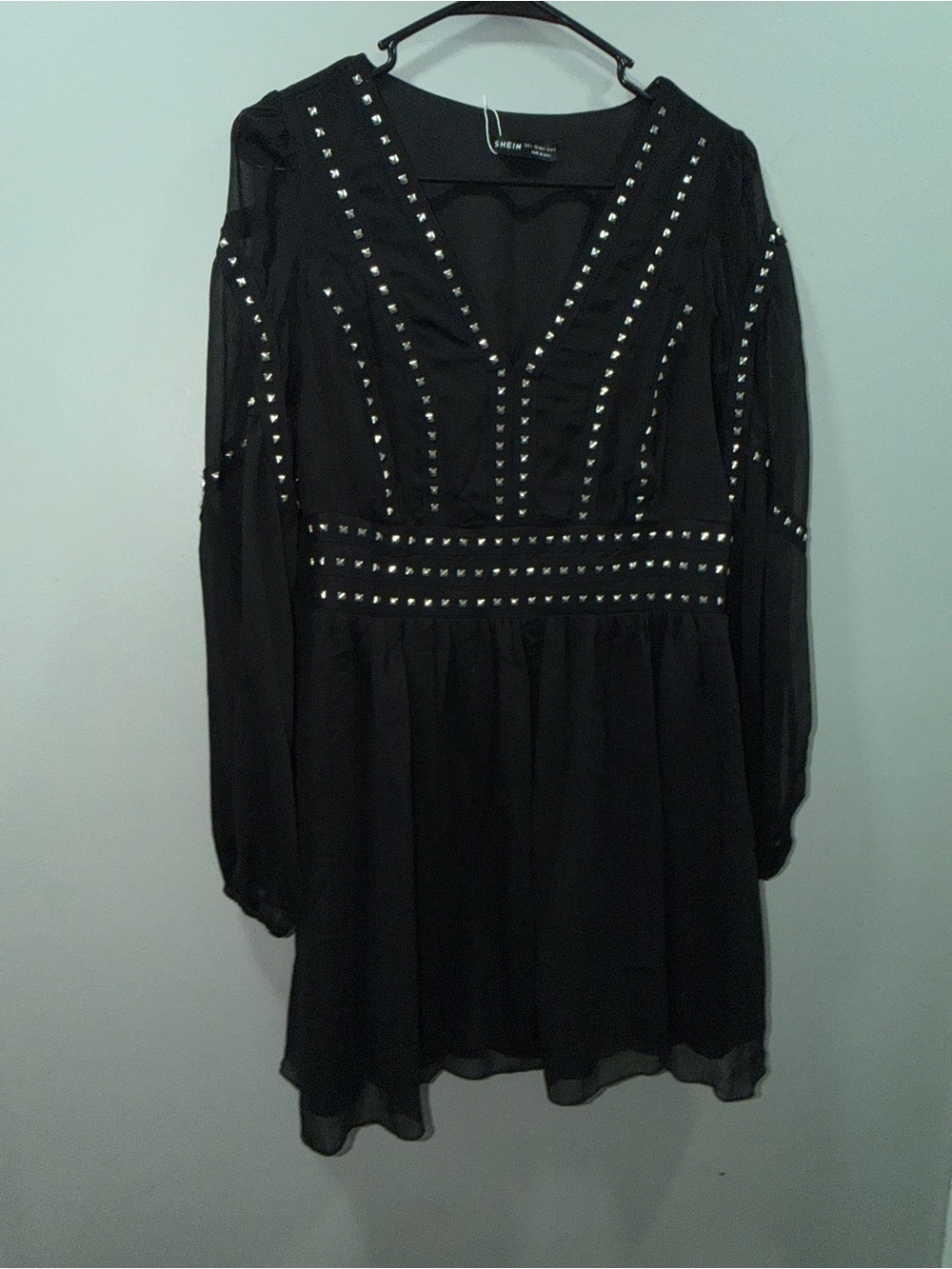 Sheer Black Stud-Embellished V-Neck Dress studded mini